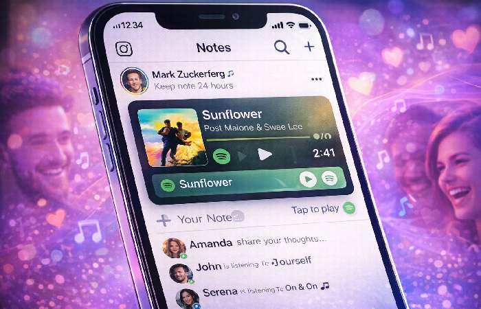 Instagram Notes showing real-time Spotify music sharing