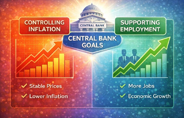 Infographic showing central bank goals of controlling inflation and supporting employment