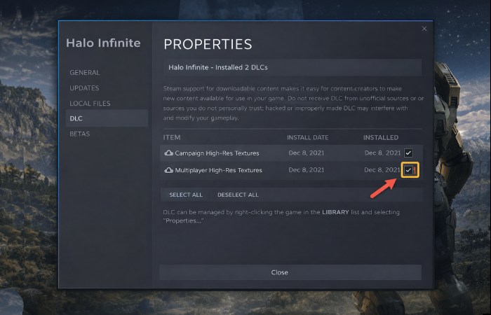 Steam Properties → DLC screenshot showing High-Res Texture toggle.