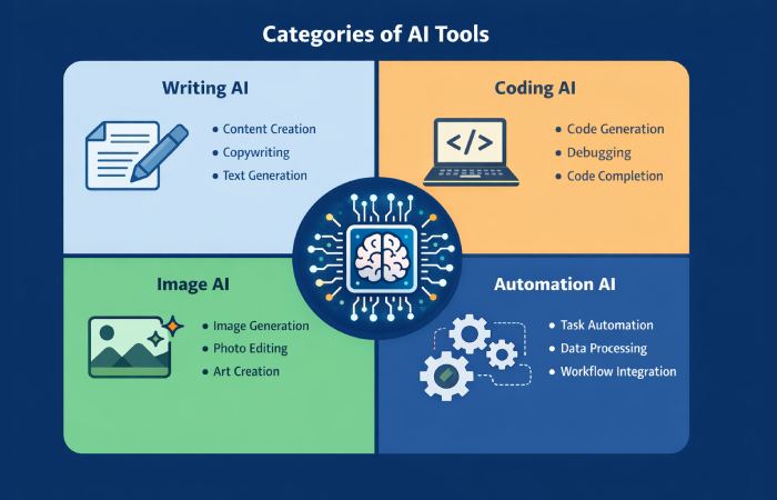 Categories of AI tools including writing coding design and automation