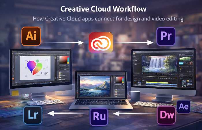 Workflow showing how Creative Cloud apps connect for design and video editing