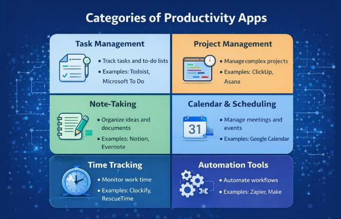 Categories of productivity apps including task management and automation