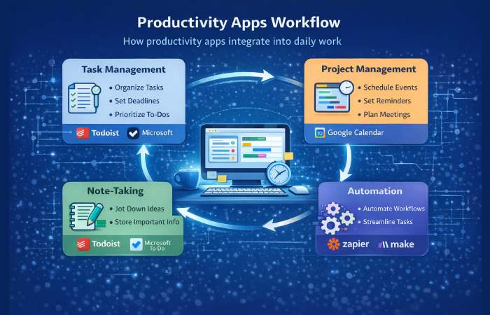 Workflow showing how productivity apps integrate into daily work
